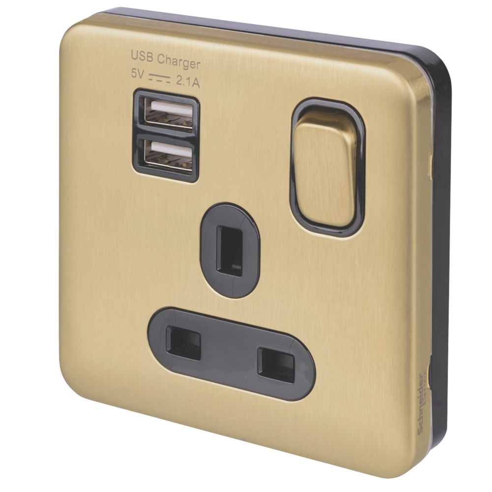 Image of Schneider Electric Lisse Deco 13A 1-Gang SP Switched Socket + 2.1A 2-Outlet Type A USB Charger Satin Brass with Black Inserts 