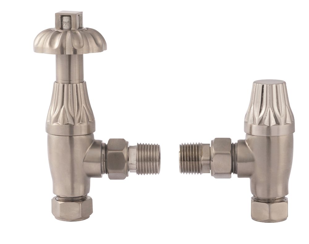 Image of Towelrads Brushed Nickel Angled Manual Radiator Valve 15mm x 1/2" 2 Pack 