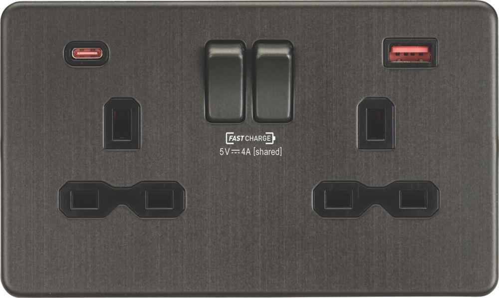 Image of Knightsbridge 13A 2-Gang DP Switched Socket + 4.0A 2-Outlet Type A & C USB Charger Smoked Bronze with Black Inserts 