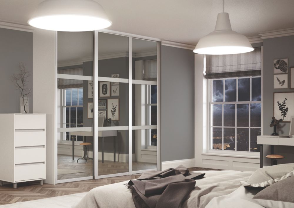 Image of Spacepro Shaker 3-Door Sliding Wardrobe Door Kit White Frame Mirror Panel 2216mm x 2260mm 