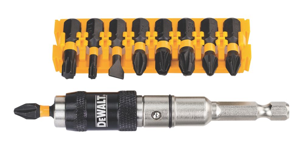 Image of DeWalt Extreme 6.35mm Hex Shank Mixed Impact Torsion Screwdriver Bit Set with Pivoting Tip Holder 11 Pieces 