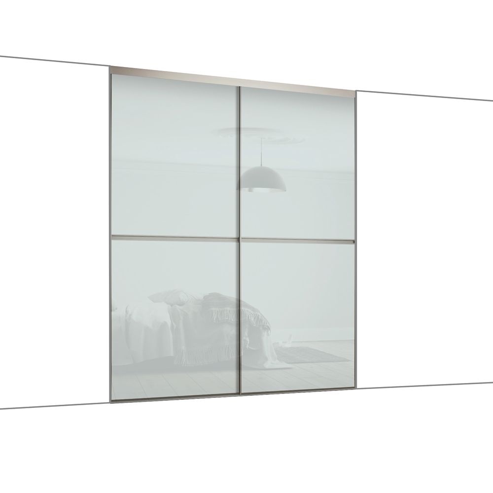 Image of Spacepro Minimalist 2-Door Sliding Wardrobe Door Kit Silver Frame Arctic White Glass Panel 1512mm x 2260mm 