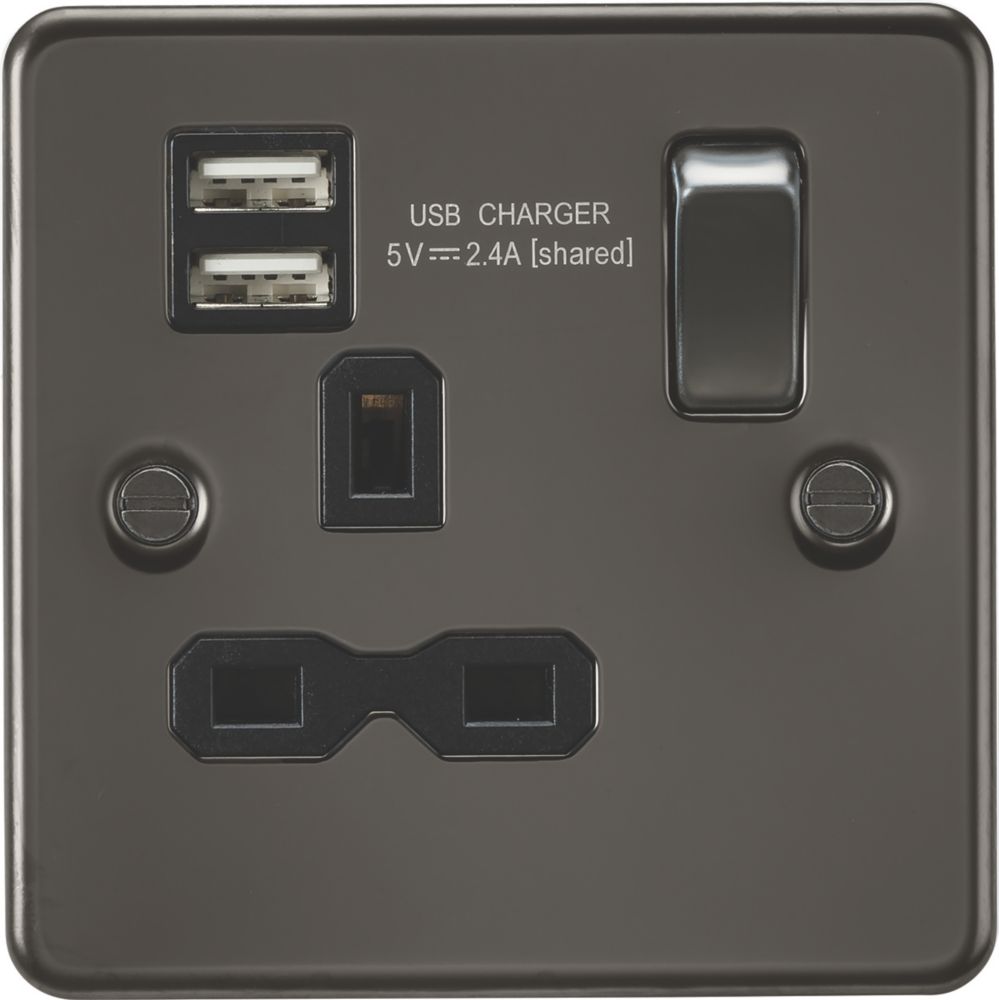 Image of Knightsbridge 13A 1-Gang SP Switched Socket + 2.4A 2-Outlet Type A USB Charger Gunmetal with Black Inserts 