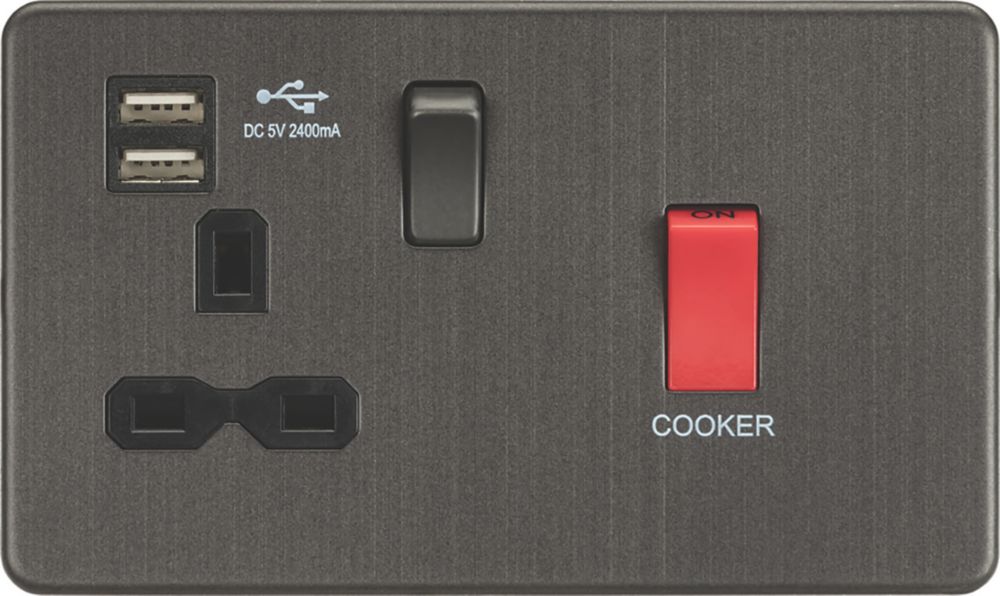 Image of Knightsbridge 45 & 13A 1-Gang DP Cooker Switch & 13A DP Switched Socket + 2.4A 2-Outlet Type A USB Charger Smoked Bronze with Black Inserts 