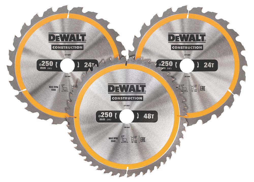 Image of DeWalt Wood/Plastic Circular Saw Blade Set 250mm x 30mm 24 / 48T 3 Pack 