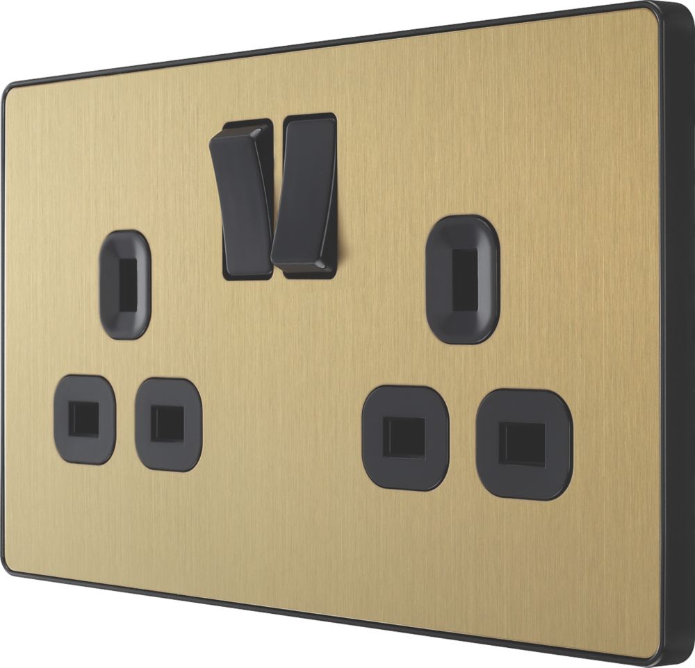 Image of British General Evolve 13A 2-Gang SP Switched Socket Satin Brass with Black Inserts 