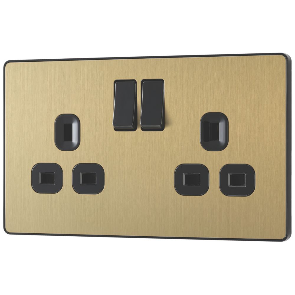 Image of British General Evolve 13A 2-Gang SP Switched Socket Satin Brass with Black Inserts 