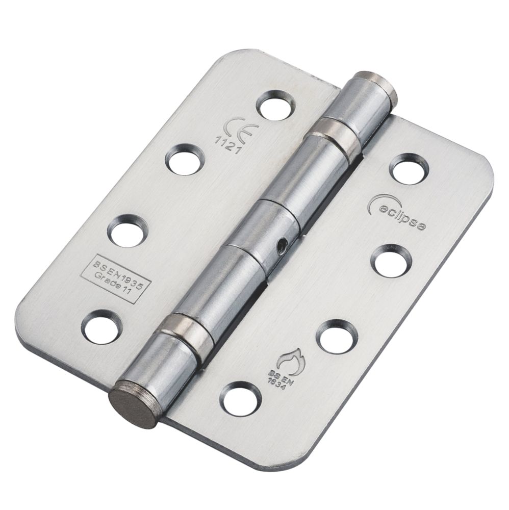 Image of Eclipse Satin Chrome Grade 11 Fire Rated Ball Bearing Fire Hinges Radius Corners 102mm x 76mm 2 Pack 