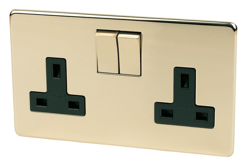 Image of Crabtree Platinum 13A 2-Gang DP Switched Plug Socket Polished Brass with Black Inserts 