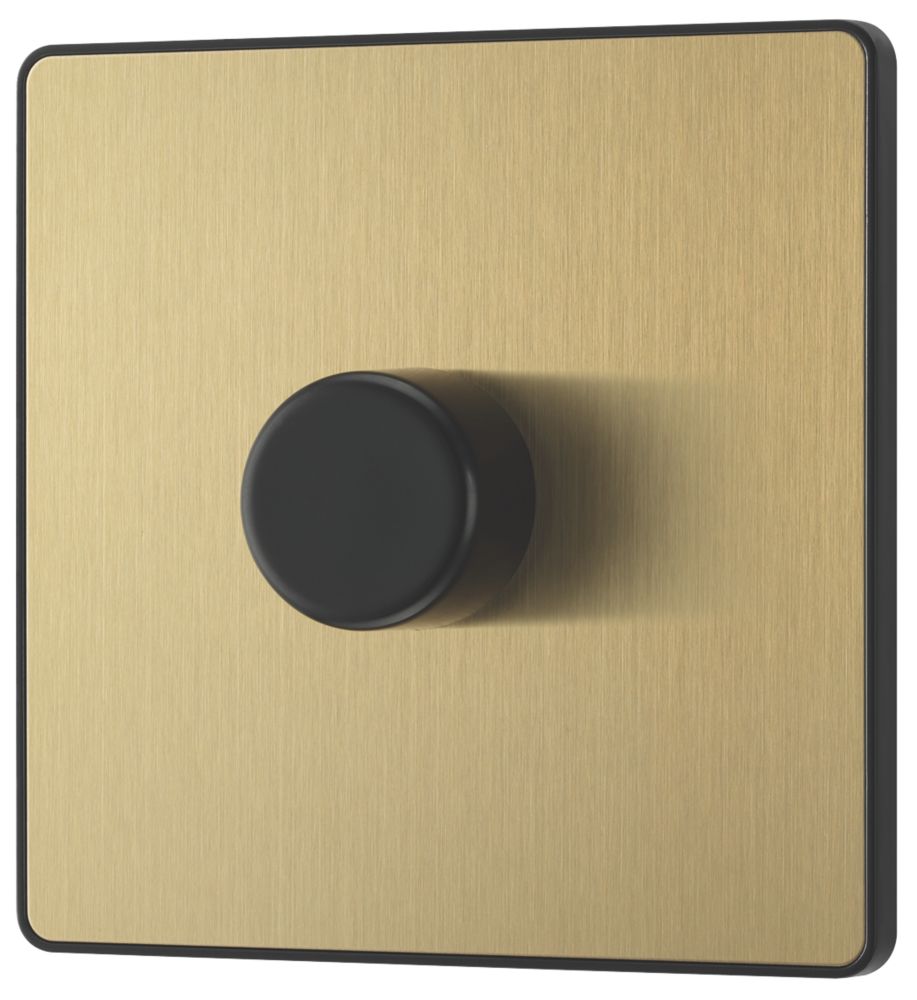 Image of British General Evolve 1-Gang 2-Way LED Trailing Edge Single Push Dimmer Switch with Rotary Control Satin Brass with Black Inserts 