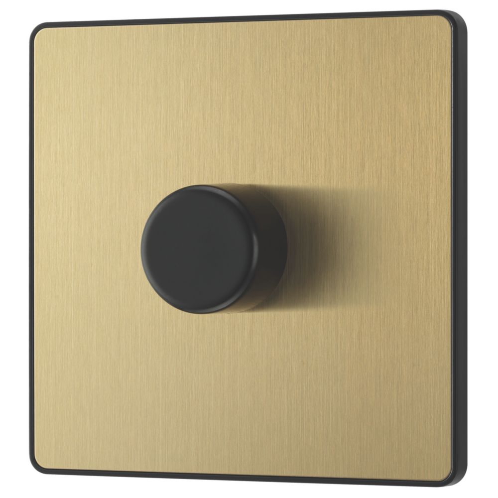 Image of British General Evolve 1-Gang 2-Way LED Trailing Edge Single Push Dimmer Switch with Rotary Control Satin Brass with Black Inserts 