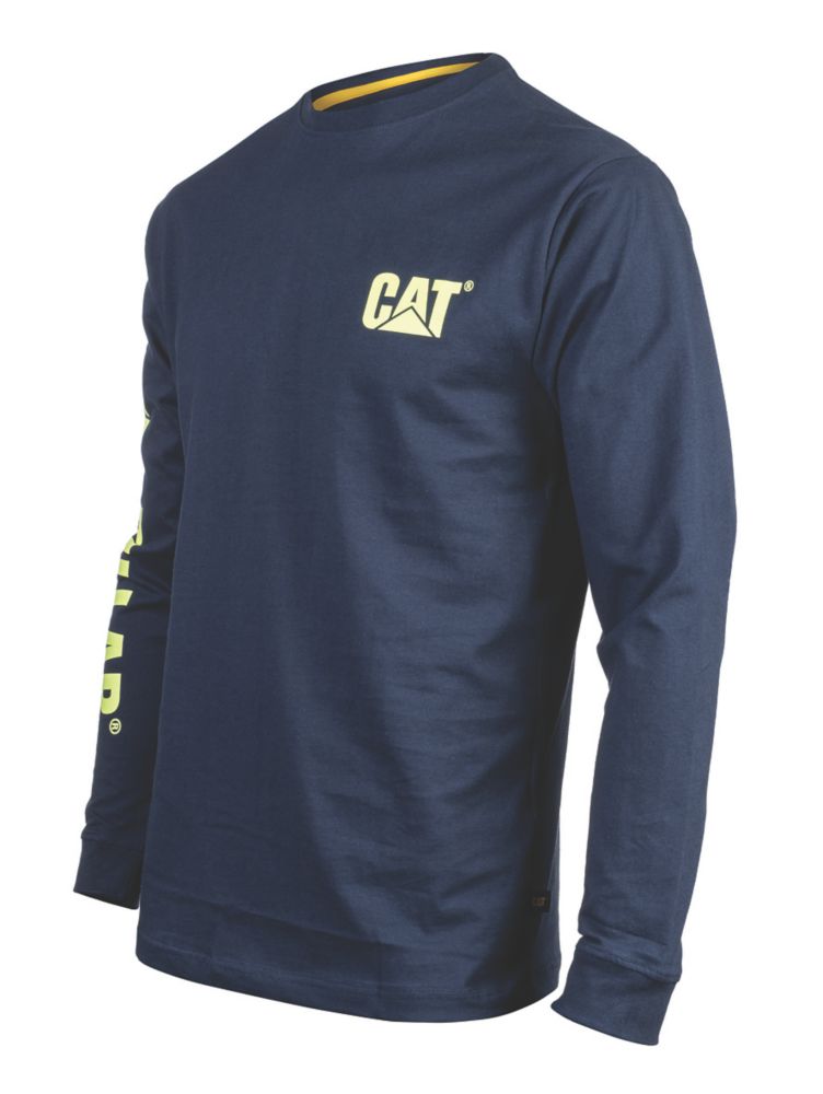 Image of CAT Trademark Banner Long Sleeve T-Shirt Blue/Yellow Small 36-38" Chest 