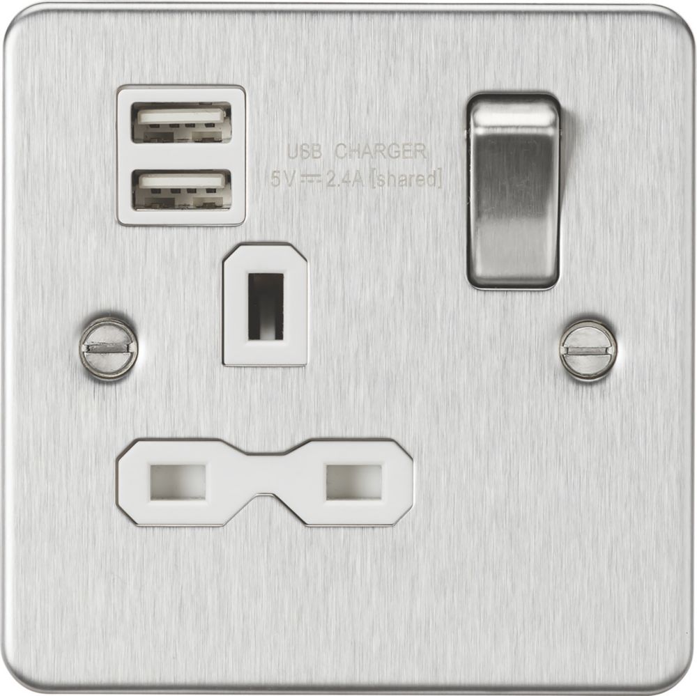 Image of Knightsbridge 13A 1-Gang SP Switched Socket + 2.1A 2-Outlet Type A USB Charger Brushed Chrome with White Inserts 