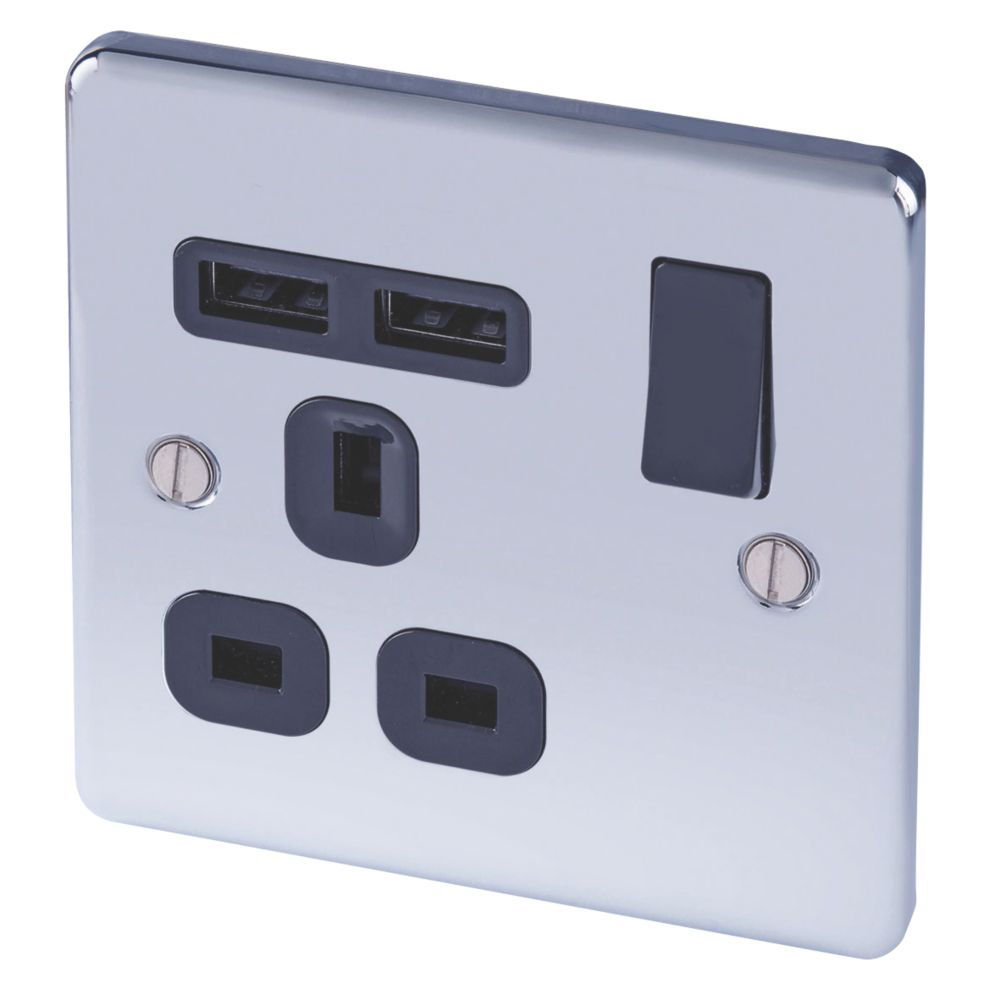 Image of LAP 13A 1-Gang SP Switched Socket + 2.1A 2-Outlet Type A USB Charger Polished Chrome with Black Inserts 