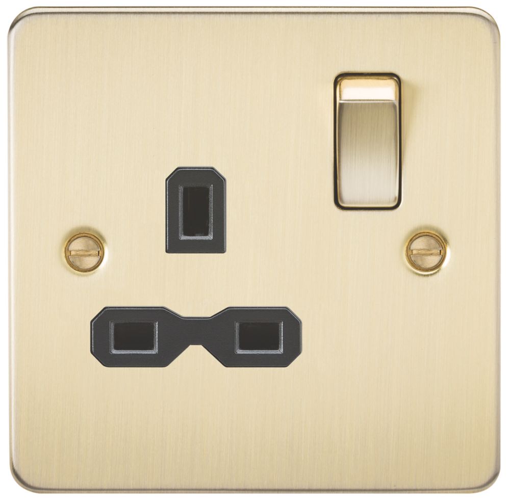 Image of Knightsbridge 13A 1-Gang DP Switched Single Socket Brushed Brass with Black Inserts 