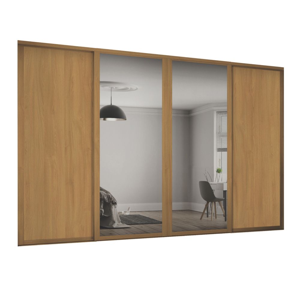Image of Spacepro Shaker 4-Door Sliding Wardrobe Door Kit Oak Frame Oak / Mirror Panel 2290mm x 2260mm 