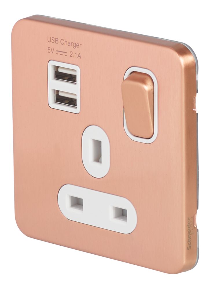 Image of Schneider Electric Lisse Deco 13A 1-Gang SP Switched Socket + 2.1A 2-Outlet Type A USB Charger Copper with White Inserts 