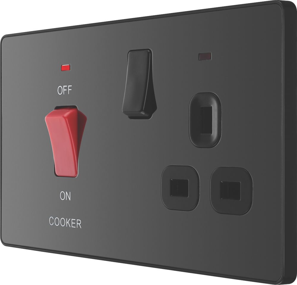 Image of British General Evolve 45A 2-Gang 2-Pole Cooker Switch & 13A DP Switched Socket Black with LED with Black Inserts 