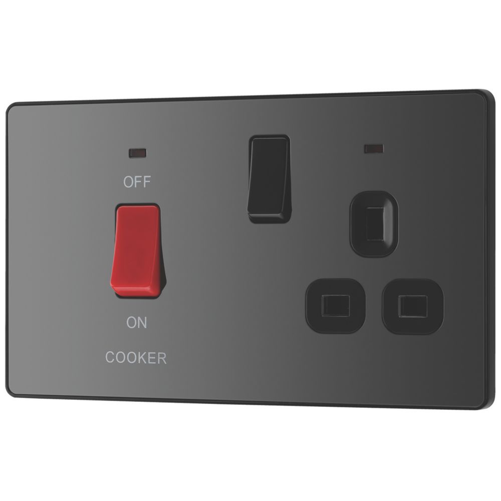 Image of British General Evolve 45A 2-Gang 2-Pole Cooker Switch & 13A DP Switched Socket Black with LED with Black Inserts 