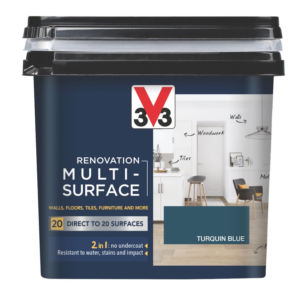 Image of V33 Satin Turquin Blue Acrylic Renovation Multi-Surface Paint 750ml 