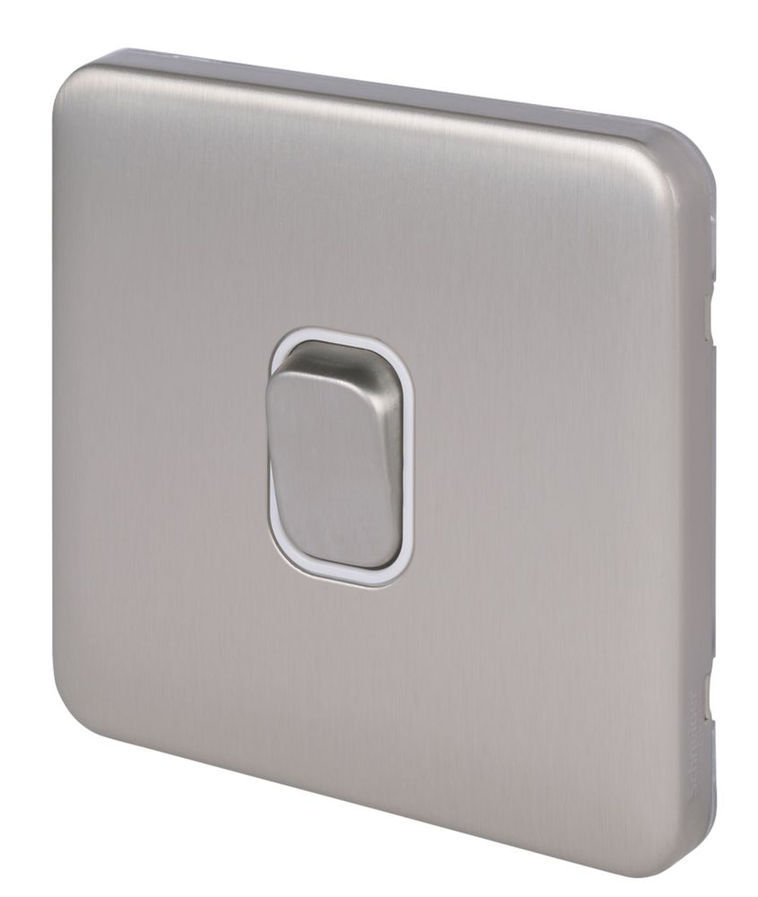 Image of Schneider Electric Lisse Deco 10AX 1-Gang 2-Way Light Switch Brushed Stainless Steel with White Inserts 