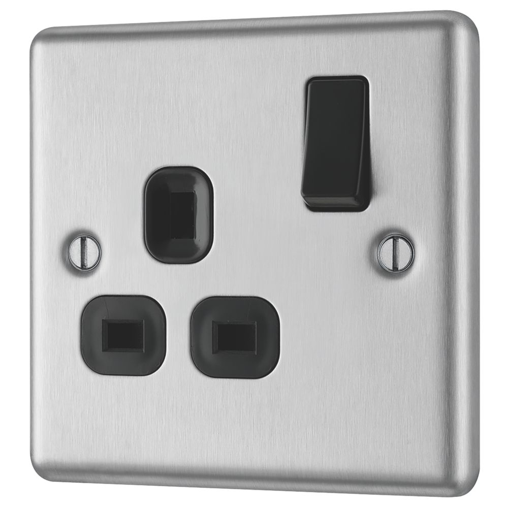 Image of LAP 13A 1-Gang SP Switched Plug Socket Brushed Stainless Steel with Black Inserts 