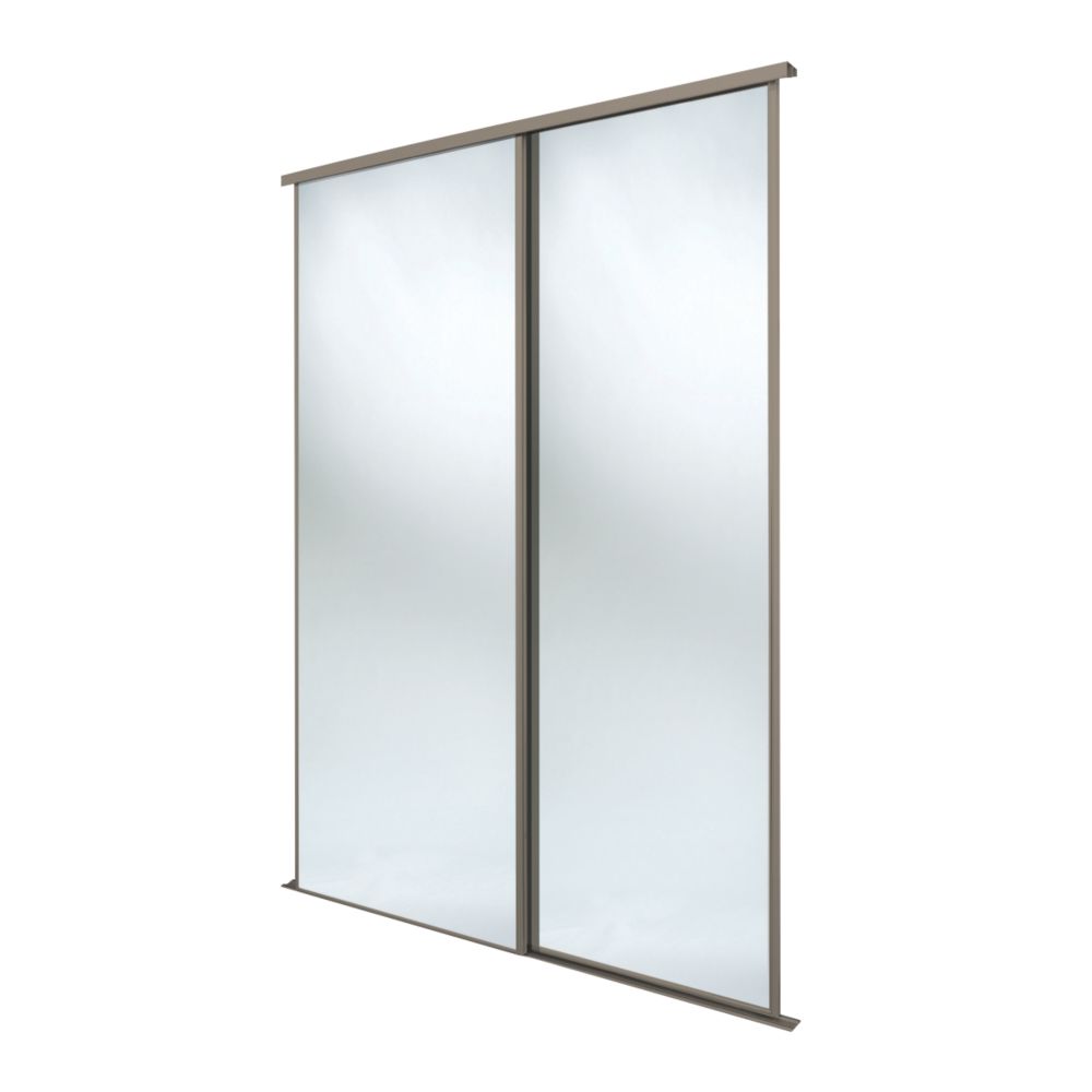 Image of Spacepro Classic 2-Door Sliding Wardrobe Door Kit Stone Grey Frame Mirror Panel 1489mm x 2260mm 