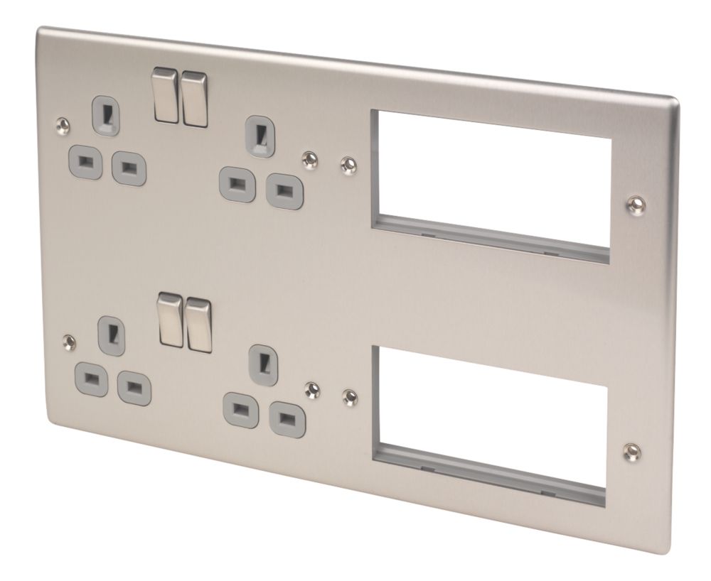 Image of British General Nexus Metal 13A 4-Gang DP Combination Plate Brushed Steel Grey 