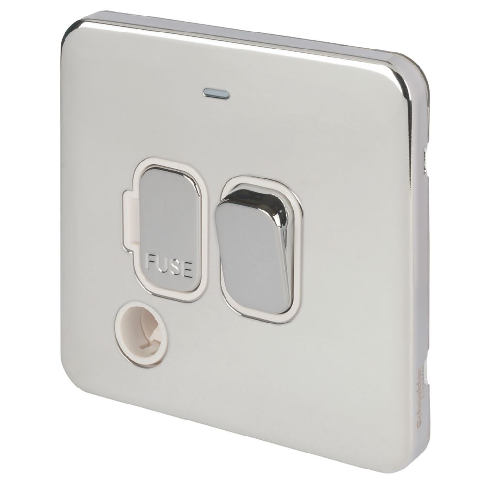 Image of Schneider Electric Lisse Deco 13A Switched Fused Spur & Flex Outlet with LED Polished Chrome with White Inserts 