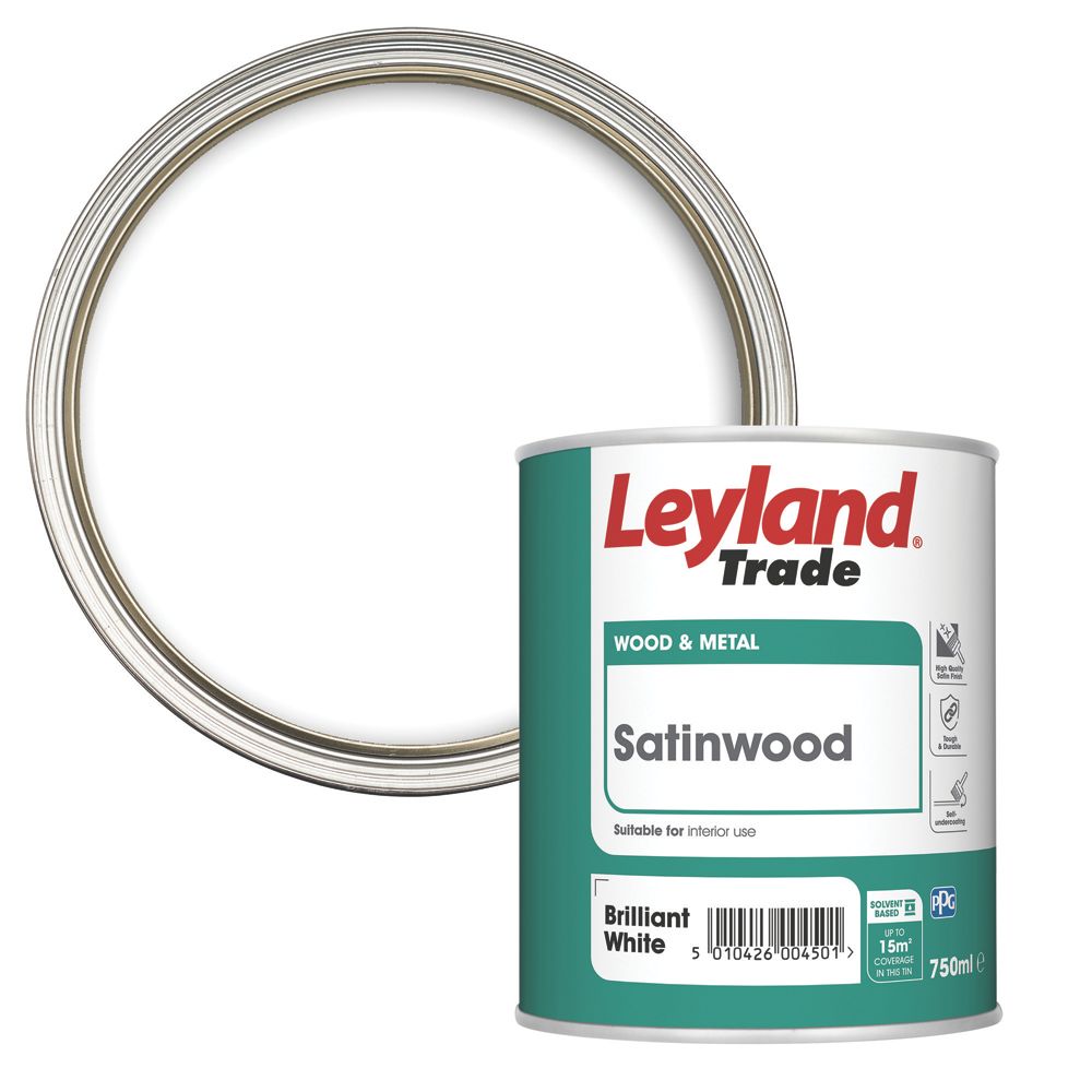 Image of Leyland Trade Satin Brilliant White Trim Paint 750ml 
