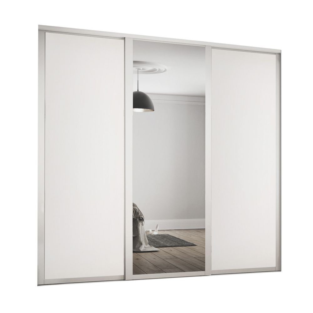 Image of Spacepro 3-Door Sliding Wardrobe Door Kit White Frame White / Mirror Panel 1680mm x 2260mm 