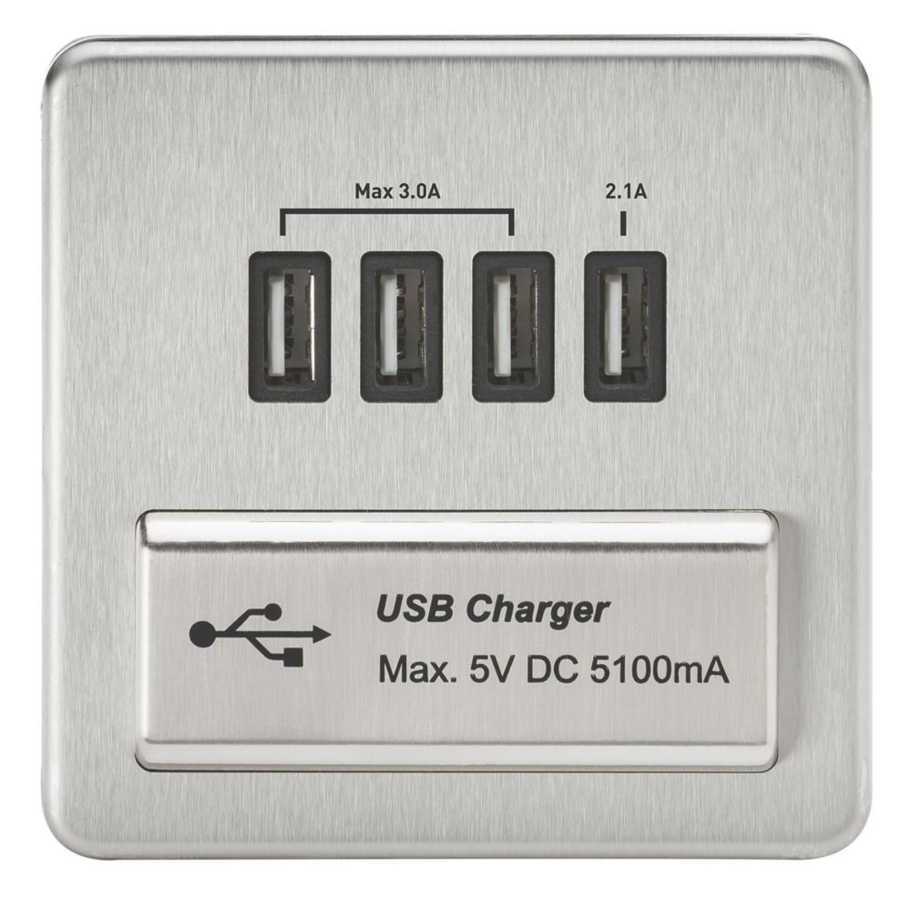 Image of Knightsbridge 5.1A 4-Outlet Type A USB Socket Brushed Chrome with Black Inserts 