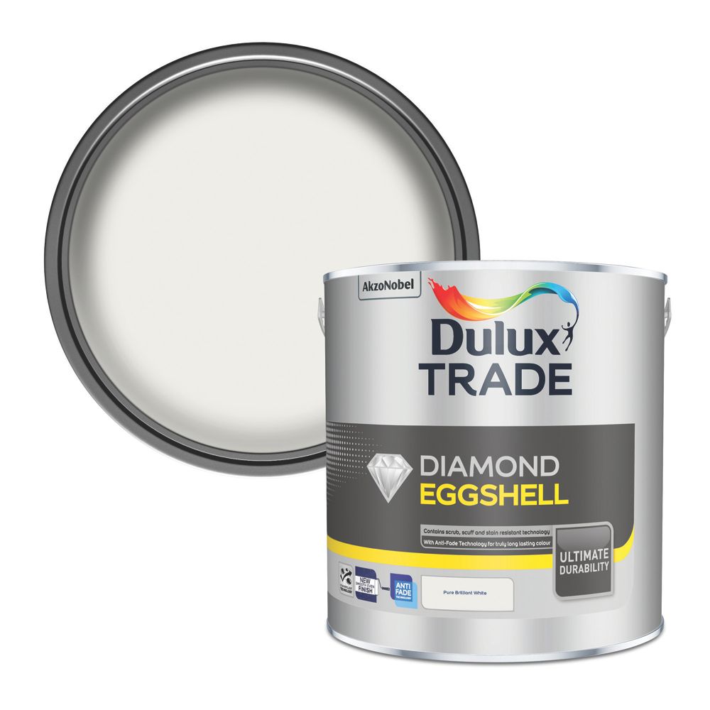Image of Dulux Trade Diamond Eggshell Pure Brilliant White Trim Diamond Quick-Drying Paint 2.5Ltr 