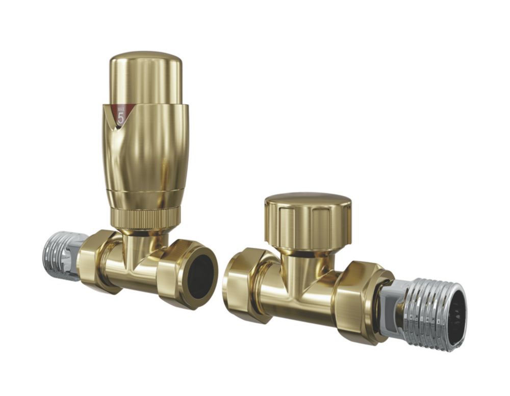 Image of ETAL Danva Brushed Brass Straight Thermostatic TRV & Lockshield 15mm x 1/2" 