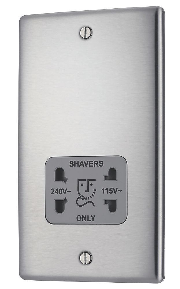 Image of British General Nexus Metal 2-Gang Dual Voltage Shaver Socket 115 / 240V Brushed Stainless Steel with Graphite Inserts 