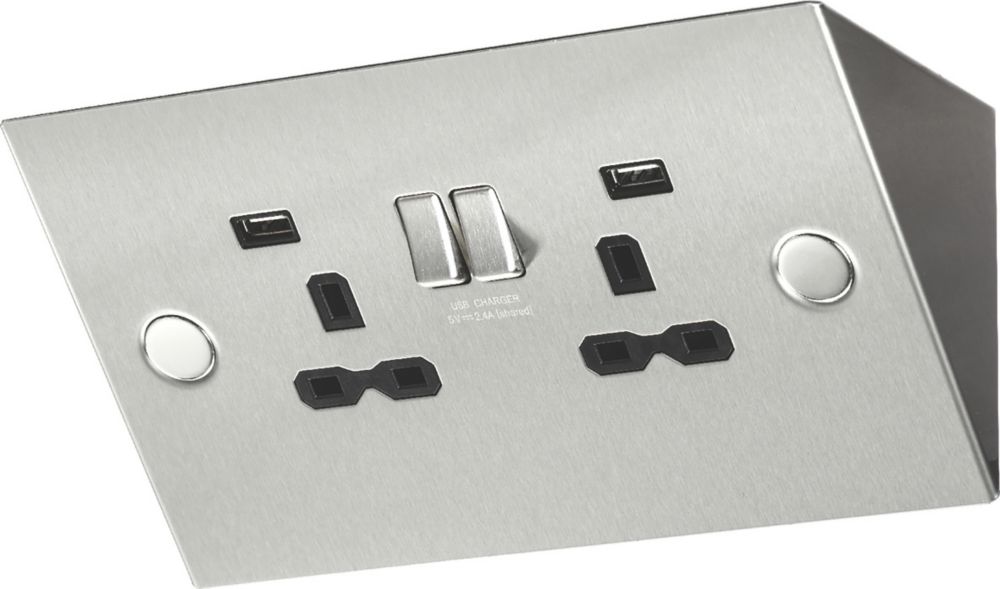 Image of Knightsbridge 13A 2-Gang SP Switched Socket + 2.4A 2-Outlet Type A USB Charger Stainless Steel with Black Inserts 