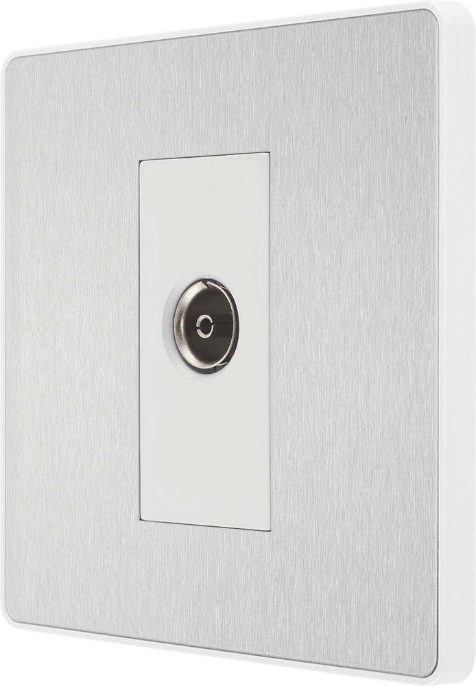 Image of British General Evolve 1-Gang Coaxial TV / FM Socket Brushed Steel with White Inserts 
