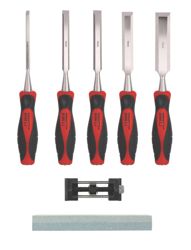 Image of Forge Steel Bevel Edge Chisel Set with Oilstone & Honing Guide 7 Pieces 