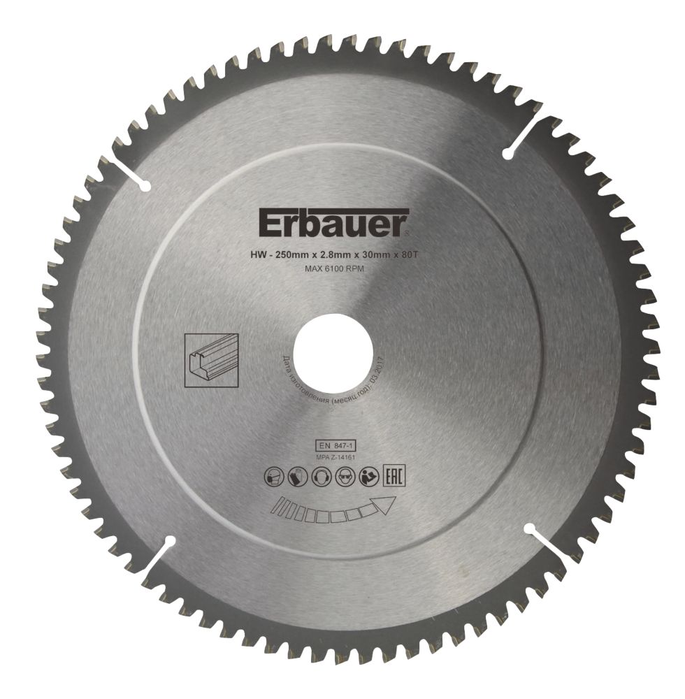 Image of Erbauer Aluminium TCT Saw Blade 250mm x 30mm 80T 