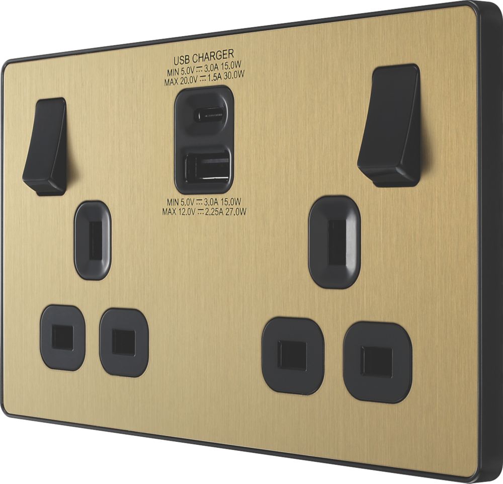 Image of British General Evolve 13A 2-Gang SP Switched Socket + 3A 2-Outlet Type A & C USB Charger Satin Brass with Black Inserts 