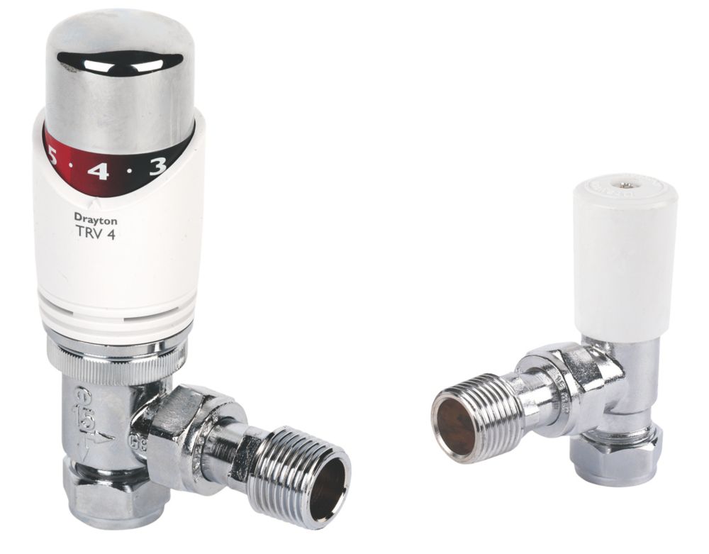 Image of Drayton TRV4 White Angled Thermostatic TRV & Lockshield 15mm x 1/2" 