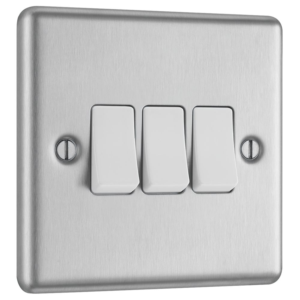 Image of LAP 10AX 3-Gang 2-Way Light Switch Brushed Stainless Steel with White Inserts 
