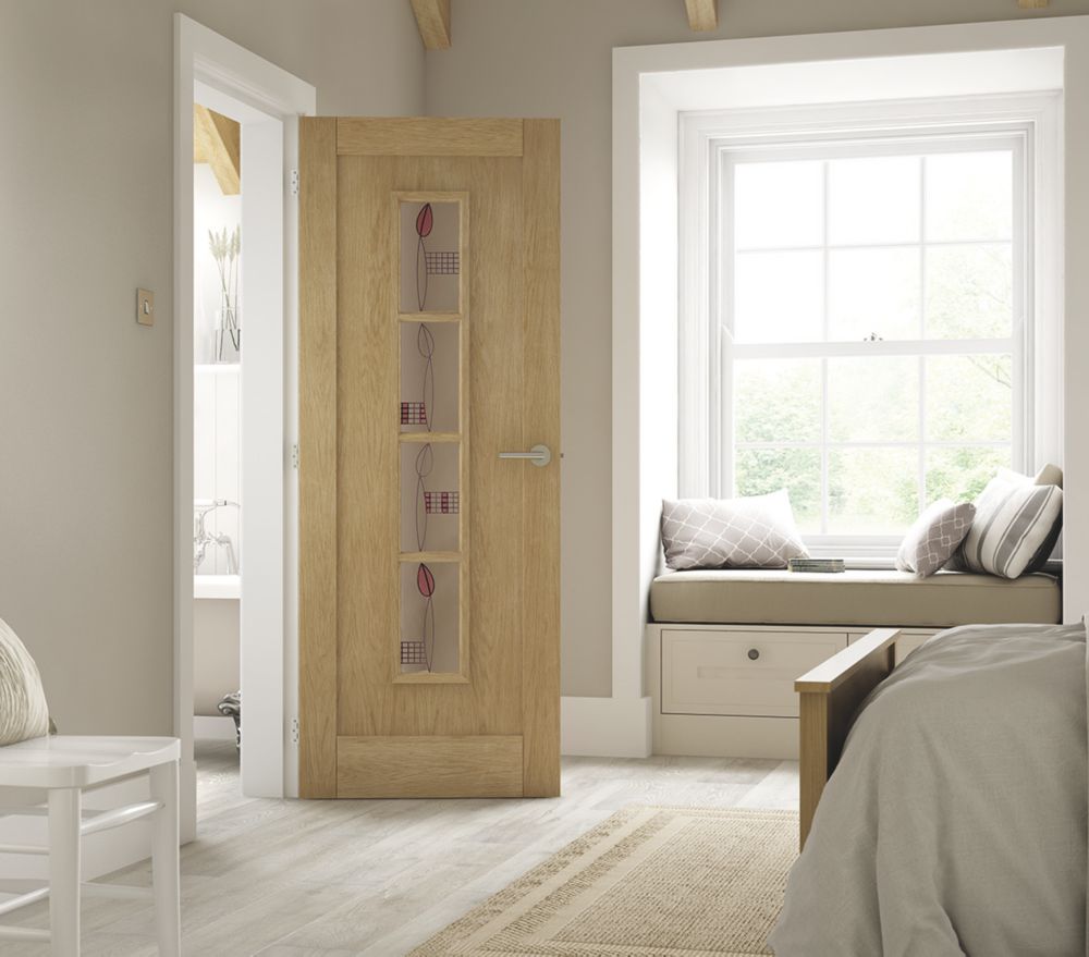 Image of Jeld-Wen Mackintosh 4-Semi-Translucent Light Unfinished Oak Veneer Wooden Shaker Internal Door 1981mm x 762mm 