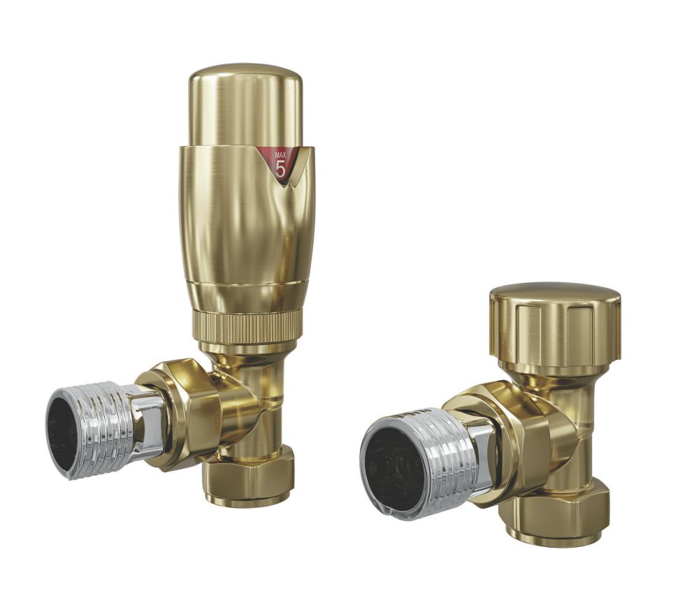 Image of ETAL Danva Brushed Brass Angled Thermostatic TRV & Lockshield 15mm x 1/2" 