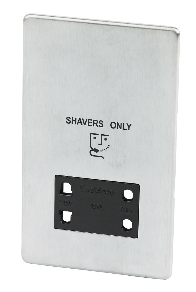 Image of Crabtree Platinum 2-Gang Dual Voltage Shaver Socket 115 / 230V Satin Chrome with Black Inserts 