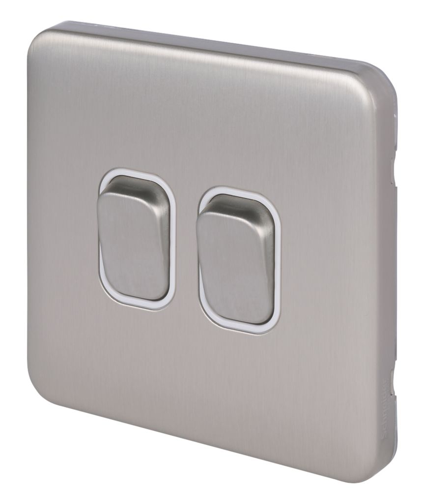 Image of Schneider Electric Lisse Deco 10AX 2-Gang 2-Way Light Switch Brushed Stainless Steel with White Inserts 