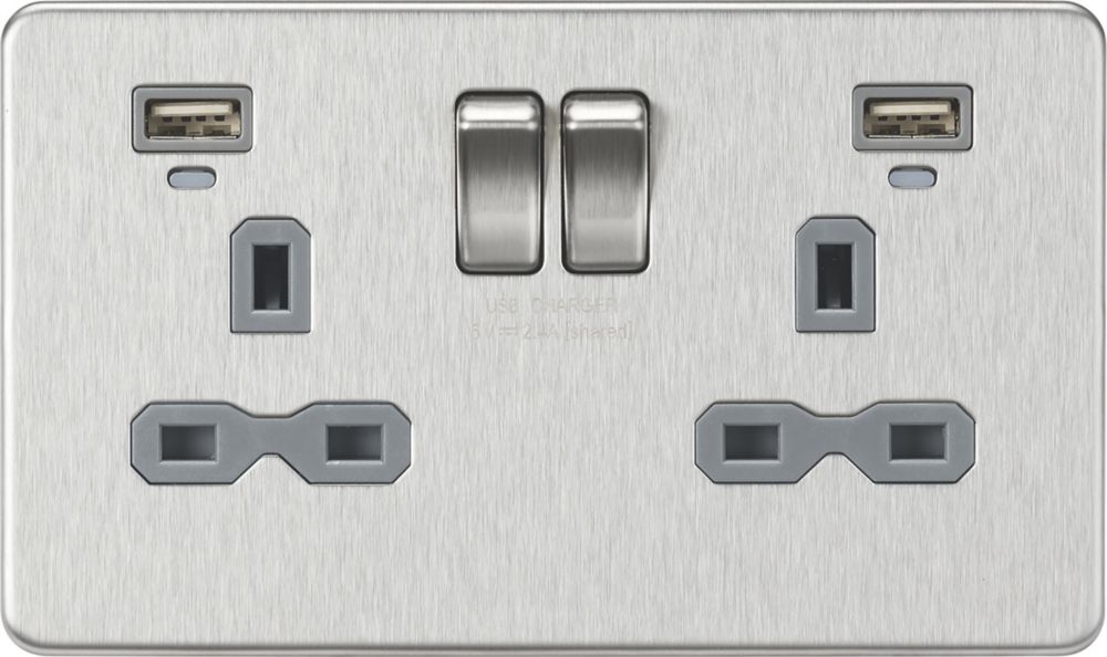 Image of Knightsbridge 13A 2-Gang SP Switched Socket + 2.4A 2-Outlet Type A USB Charger Brushed Chrome with Colour-Matched Inserts 
