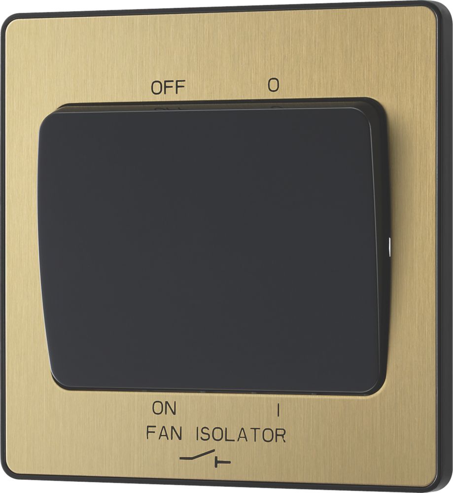 Image of British General Evolve 10A 1-Gang 3-Pole Fan Isolator Switch Satin Brass with Black Inserts 