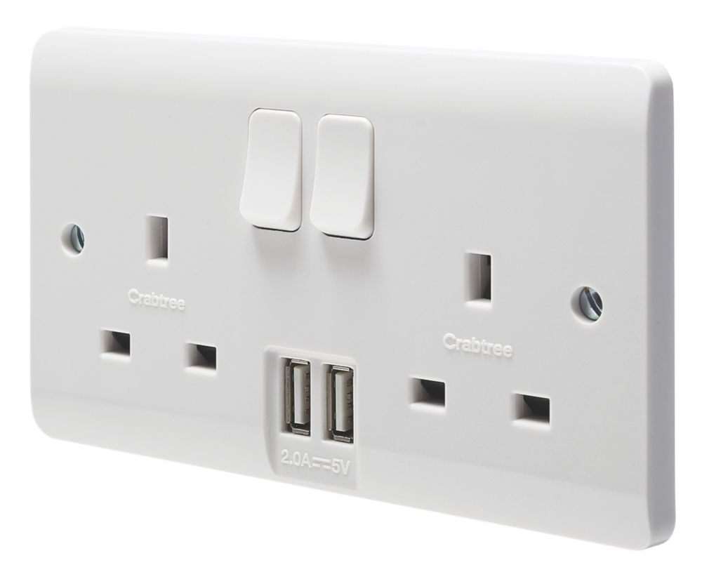 Image of Crabtree Instinct 13A 2-Gang DP Switched Socket + 2.1A 2-Outlet Type A USB Charger White 