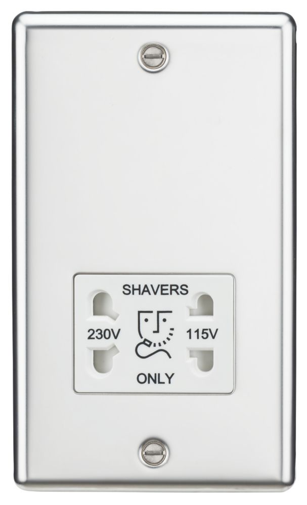 Image of Knightsbridge 2-Gang Dual Voltage Shaver Socket 115 V / 230V Polished Chrome with White Inserts 